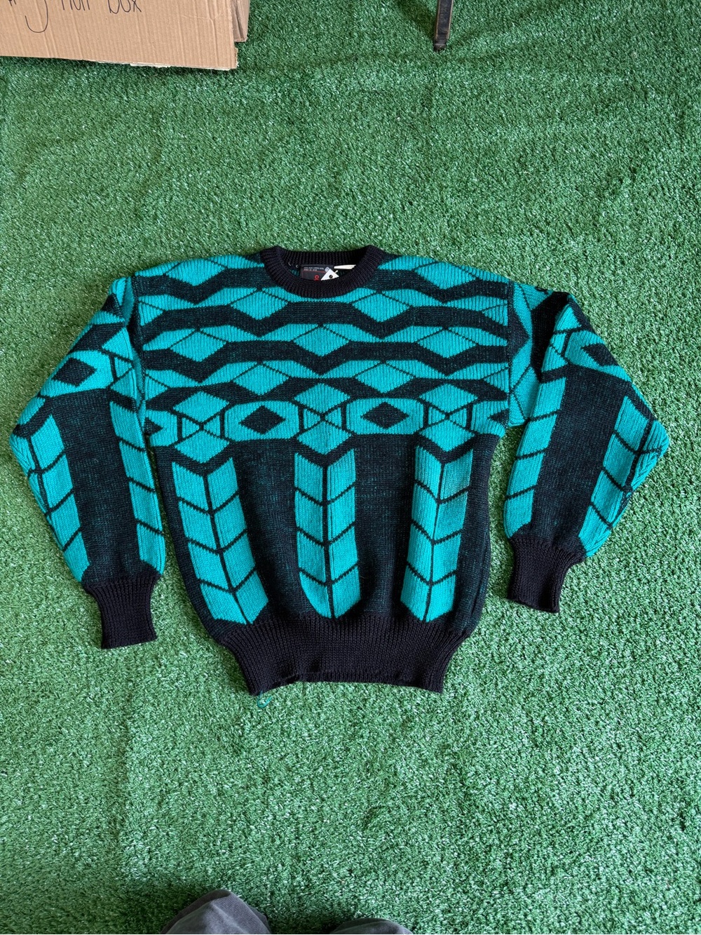 Demeter Teal and Black Geometric Crewneck Sweater